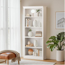 Furniwell Bookcase 5 Compartments Tall Bookcase 71 Inch Wood Open Display Floor Bookcase Large Storage Organizer for Library Bedroom Living Room (White)