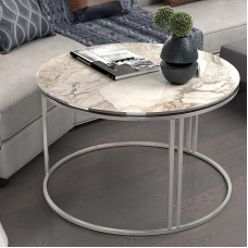 [en.casa] Aulum Coffee Table, Side Table, 50 x 70 cm, Coffee Table Made of Chipboard and Metal, Sofa Table for Living Room, Bedroom, Marble, White/Silver