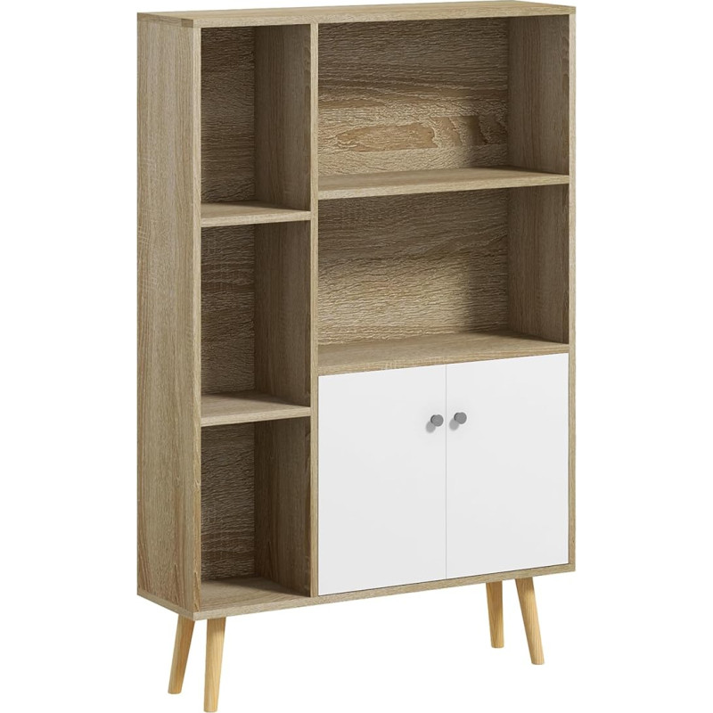 HOMCOM Scandinavian Bookcase Storage Furniture ABM. 80 L x 23.5 L x 123 H cm 5 Recess Cabinet 2 Doors Legs Angled Tapered Solid Oak Wood