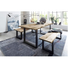 SAM Quintus Dining Set with Wane, 140 x 80 cm and Bench 140 x 42 cm, Solid Acacia Wood, Natural-Coloured, U-Frame Black