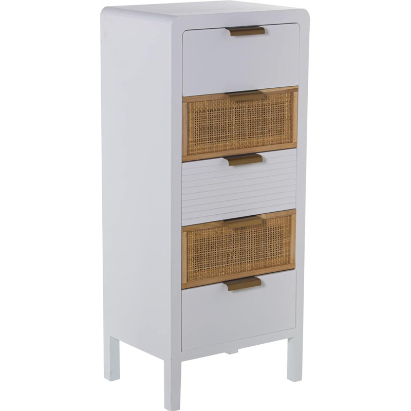 DRW Symphonier with 5 Drawers Made of MDF and Rattan in White and Natural 40 x 30 x 92 cm, Wood, Multicoloured, Standard
