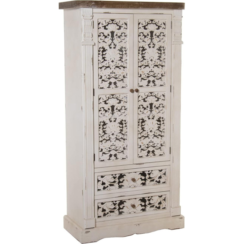 DRW Madera Y Dm Cupboard with 2 Doors and 2 Drawers in Wood and MDF Carved in Antique White, 85 x 40 x 170 cm, Vejecido