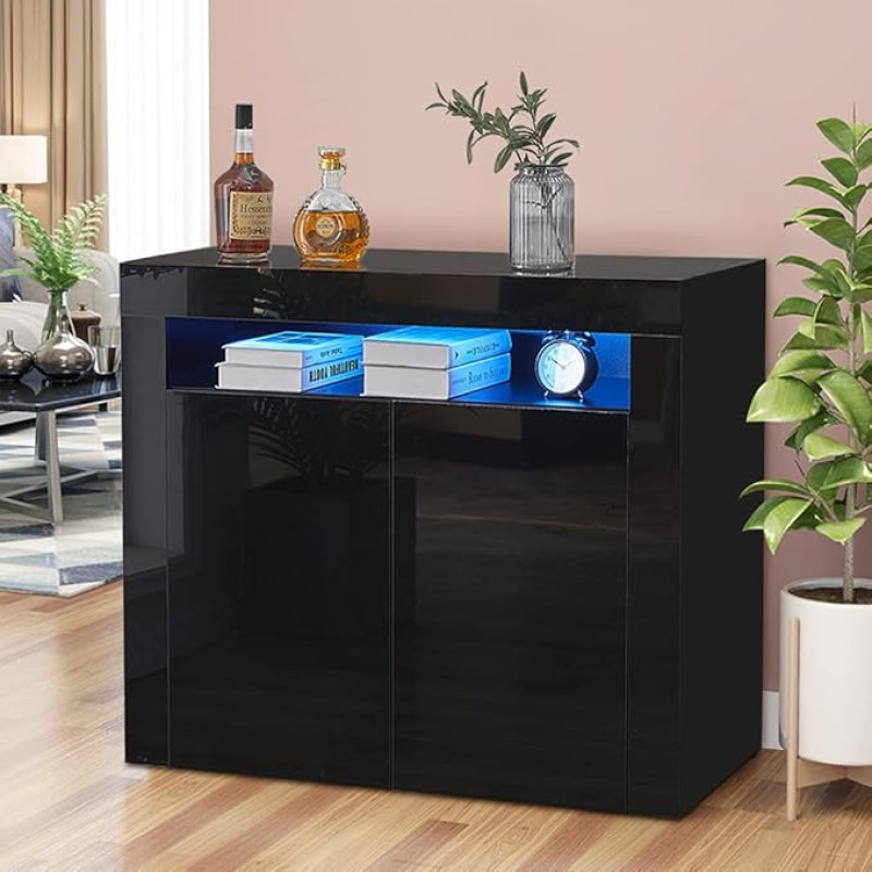 CLIPOP Modern LED Sideboard High Gloss Black Cabinet with Remote Control LED Lights 2 Doors Cabinet for Living Room Dining Room