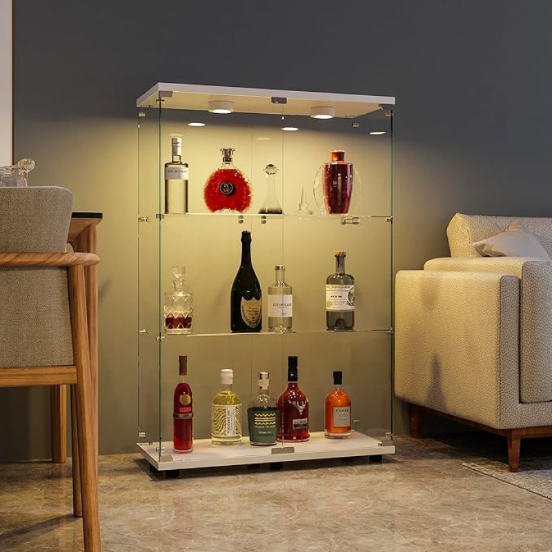 FANYUSHOW Glass Display Cabinet in White - Display Cabinet with Glass Door, 5 mm Tempered Glass Collector's Display Case - Glass Display Case Shelf Glass Cabinet with Light 125 x 79 x 36.5 cm