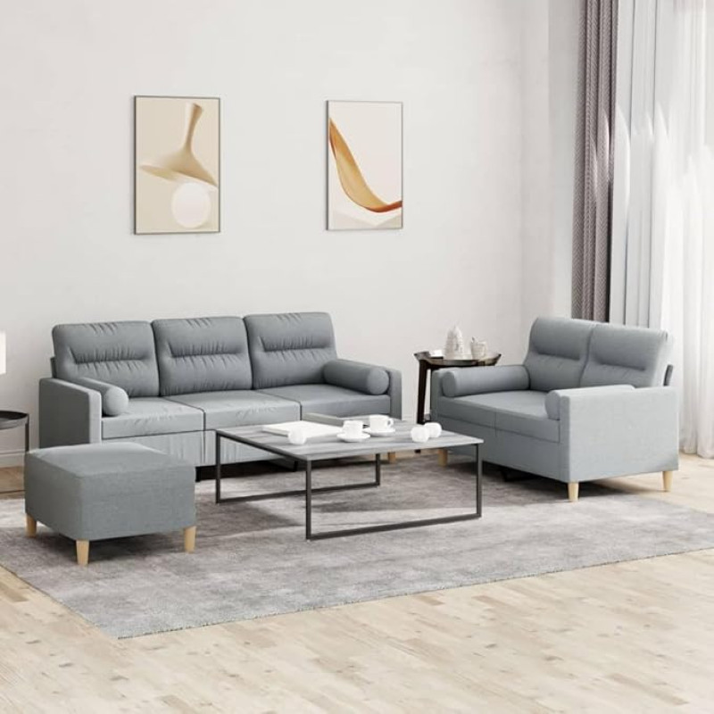 SECOLI Sofa Set 3 2 1 Living Room Sofas Set 3 Seater + 2 Seater + Footstool Sofa Sets Sofa Living Room Sofas & Couches 3 2 1 Set Light Grey Fabric 3 Pieces
