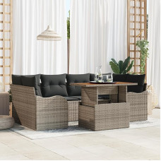 Rantry 7-teiliges Garten Sofa Set mit Kissen Grau Poly Rattan Akazie, 2-Sitzer Garten Sofa mit Kissen Grau Poly Rattan Gartenlounge Model3349411