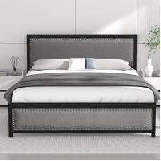 VECELO 140 x 190 cm Linen Upholstered Bed Frame - Heavy Duty Metal Slats - Under Bed Storage - Easy to Assemble - Grey