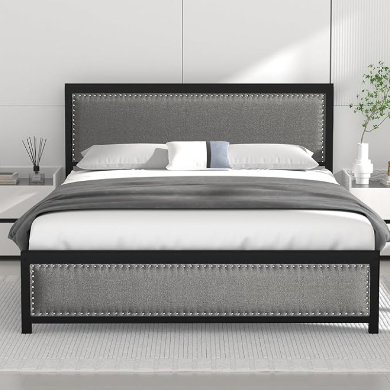 VECELO 140 x 190 cm Linen Upholstered Bed Frame - Heavy Duty Metal Slats - Under Bed Storage - Easy to Assemble - Grey