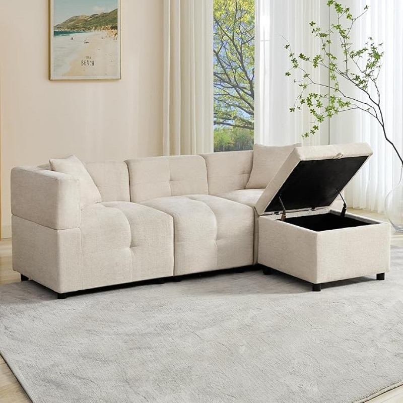 Corner Sofa with Sleep Function, 3-Seater Sofa with Storage Space, Removable Footstool and 2 Cushions, 204 cm L-Shape Couch Living Room