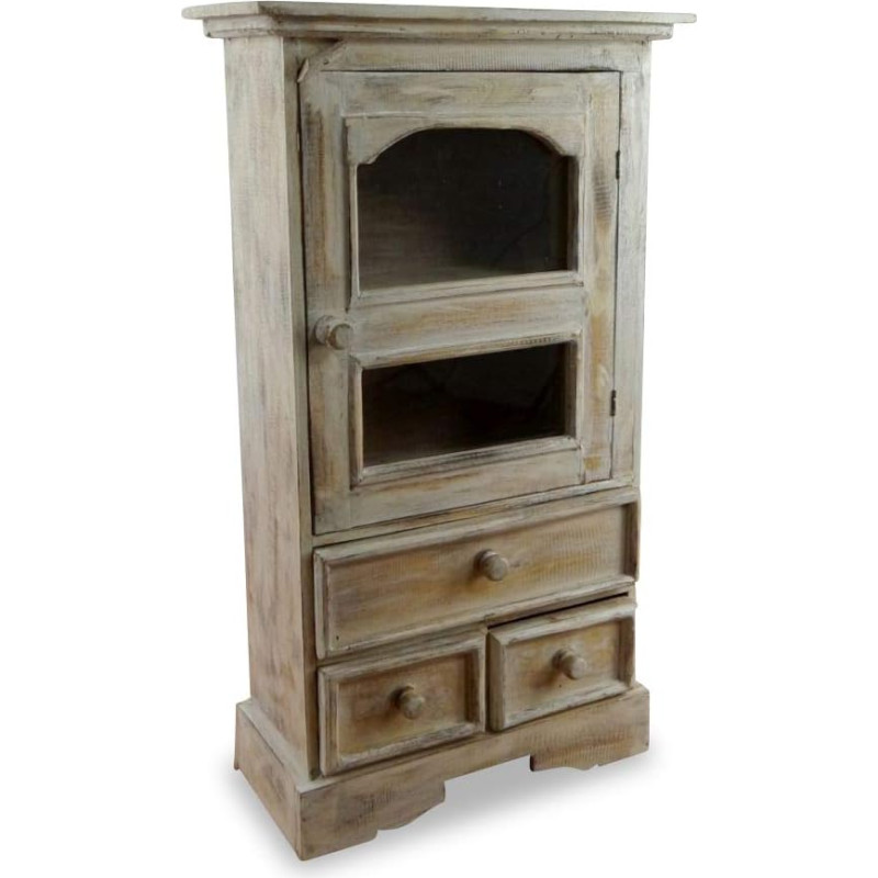 Balinese Display Cabinet with Three Drawers, Kitchen Dining Room Cabinet, Country House Style, Handmade (Whitewash/White)