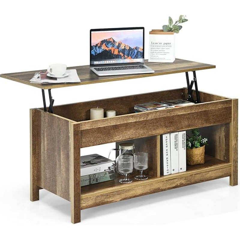 LIFEZEAL Coffee Table Height Adjustable, Tea Table, Sofa Table with Hidden Storage Space & 2 Open Shelves, Modern Side Table for Living Room, 109 x 47.5 x 50 cm (Oak)