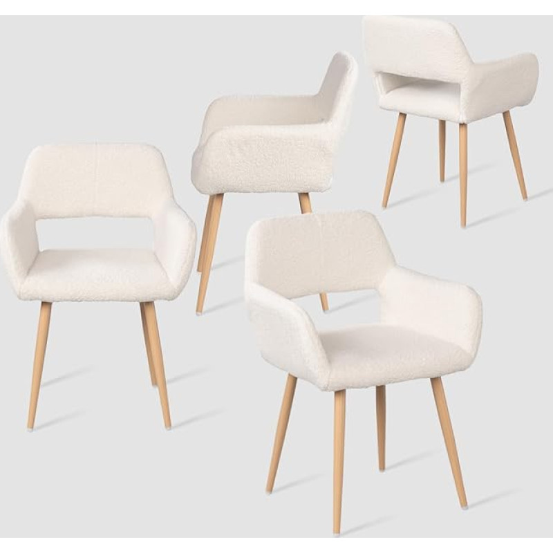 MEUBLE COSY Dining Room Chairs, Set of 4, Kitchen Chairs, Living Room Chairs, Upholstered Chair with Armrests, Backrest, Seat Made of Bouclé Terry Cloth Metal Legs, Scandinavian, White, 56 x 56 x 78