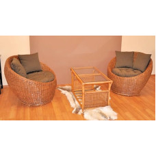 Gen Tong Colour Brown Wash Wicker Rattan Set, Set of 2 Rattan Chairs + Rattan Table Complete With Cushion
