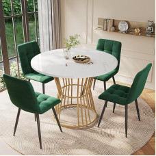 NNJN Dining Table Set (5 Pieces), Dining Table Set with 4 Chairs, Kitchen Table Set, Round 100cm Diameter Dining Table with Gold Metal Legs, White MDF Table Top (Green Velvet Dining Chairs)