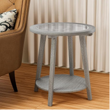 HOMPUS 2 Tier Round Side Table with Tempered Glass Top, MDF Side Table with Shelf, Wooden Fin Accent Furniture, Modern for Living Room, Bedroom, Home (Antique Silver)