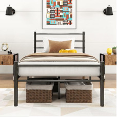 VERFARM Metal Bed with Slatted Base Bed Frame with Headboard Single Bed Guest Bed Frame Single Bed Frame 90 x 200 cm Black