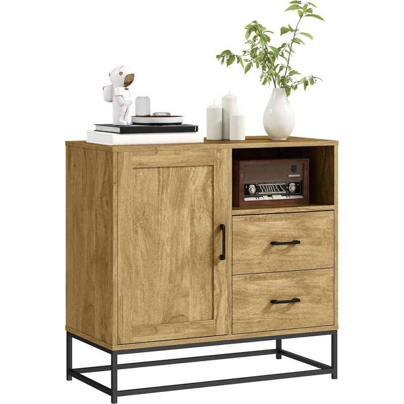 HOMCOM Buffet Living Room Storage Furniture in Modern Style with 2 Drawers, Open Compartment and Adjustable Shelf - Buffet Dining Room, Kitchen and Living Room, 80 x 40 x 78 cm, Natural Wood