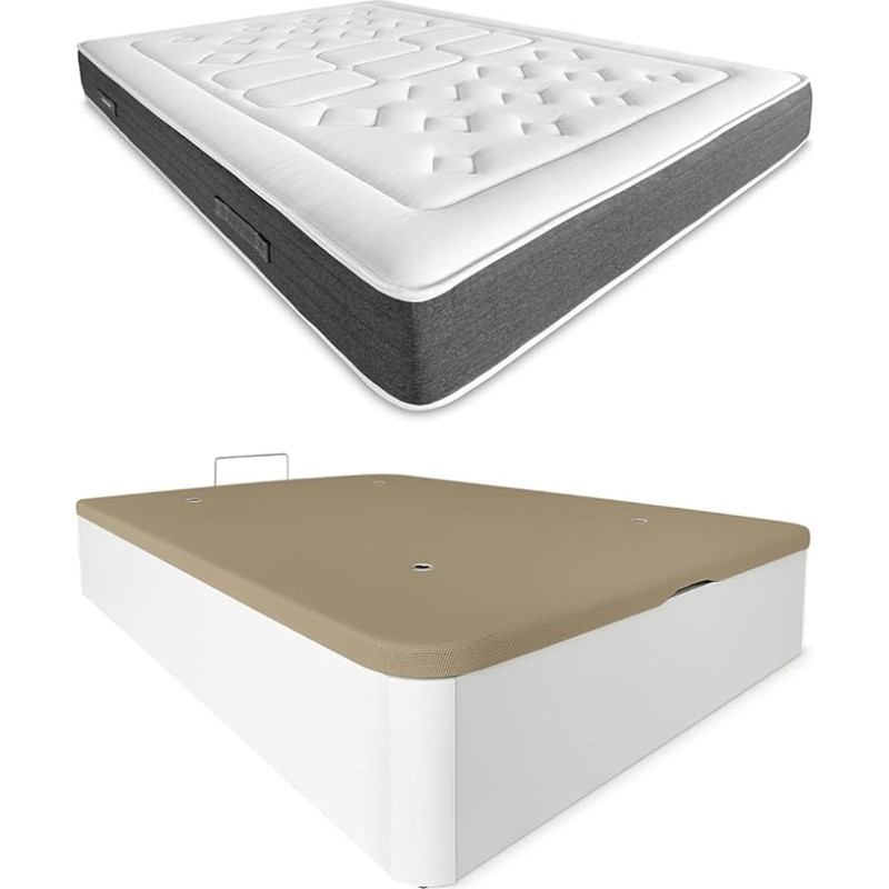 DUÉRMETE ONLINE White Bio Nature Memory Foam Mattress Thickness 24 cm + Folding Wooden Bed Large Capacity Colour Polyurethane Wood 135 x 190 cm