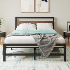 VECOCHO Double Bed Frame with Wooden Headboard, Metal Platform Bed Frame, Double, No Box Spring Required, Mattress Base/Underbed Storage, Heavy Duty Steel Slats, Rustic Brown