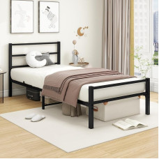 MOFLUT Einzelbett Bettgestell mit Kopfteil, Schwerlastbettgestell aus Metall, kein Boxspringbett nötig & einfache Montage, Schwarz