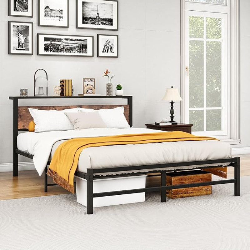 QUCENAK King Bed Frame with Wooden Storage Headboard No Box Spring Required Steel Slatted Mattress Base Square Tube Design Noiseless Black King