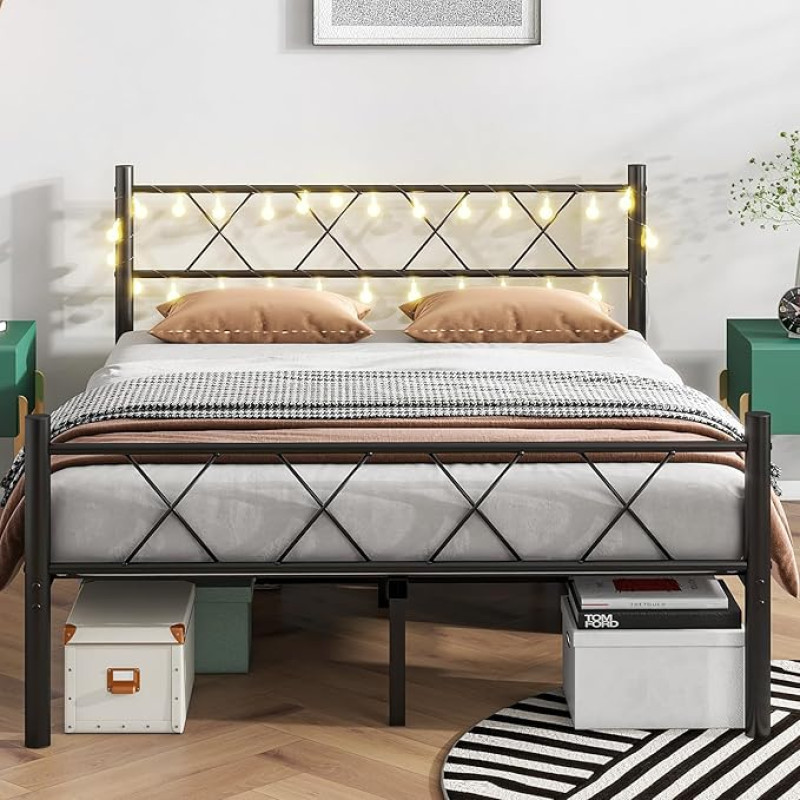 HOJINLINERO Bed Frame 140 x 200 cm with Lighting, Bed 140 x 200 cm with Slatted Frame, Metal Bed Frame, Double Bed, Guest Bed, Youth Bed with Storage Space under the Bed for Bedroom, White
