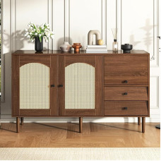 ModernLuxe Sideboard with Rattan Insert, with Three Doors and Two Irregular Drawers, Brown (130 x 75.5 x 40 cm)