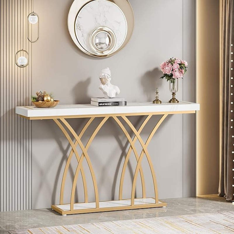 Tribesigns 140cm Gold Console Table, Modern Faux Marble Entrance Table Behind Sofa Couch, Narrow Long Foyer Hallway Table with Geometric Metal Legs for Entrance, Living Room, White & Gold