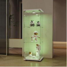 BPKADHY Glass Display Cabinet, 3 Layers Glass Wooden Display Cabinet, Collector's Display Cabinet, 1 Door with LED and Lock, Glass Display Cabinet, Standing for Living Room, Bedroom, Office, White