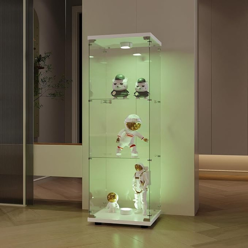 BPKADHY Glass Display Cabinet, 3 Layers Glass Wooden Display Cabinet, Collector's Display Cabinet, 1 Door with LED and Lock, Glass Display Cabinet, Standing for Living Room, Bedroom, Office, White