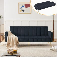 FORNORM Folding Sofa Bed with Velvet Fabric 220 x 104 cm, 2-Seater Sofa Couch with Sleep Function, Sofa Bed with Auxiliary Feet Suitable for Living Room, Bedroom, Home Cinema, Guest Room (Black)