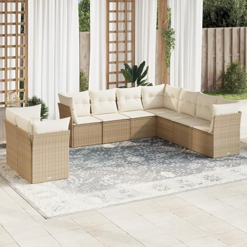 SKM 9-TLG. Garten-Sofagarnitur mit Kissen Beige Poly Rattan,Möbel, Gartenmöbel, Gartenmöbel-Sets,Beige,82.2KG,3249677