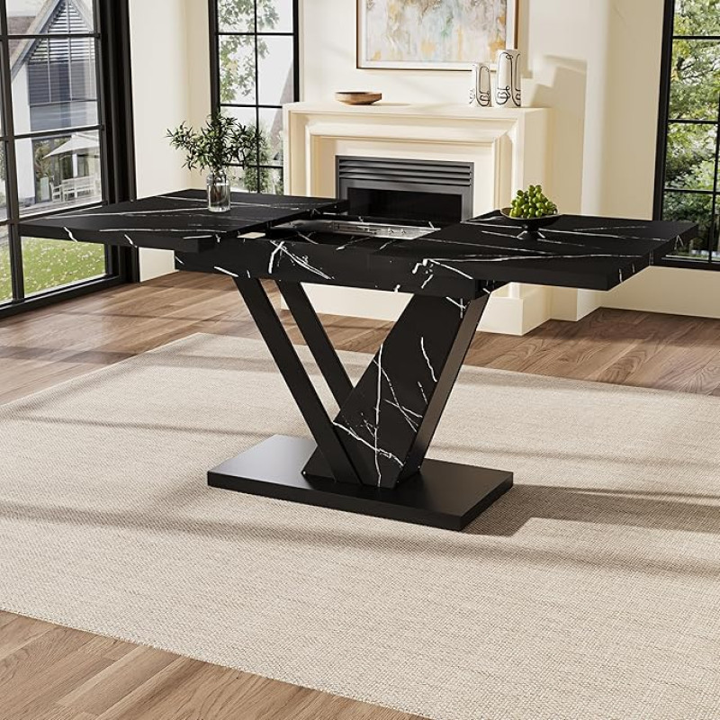 Telescopic Dining Table (120-160 cm), Extendable Dining Table, Space Saving Kitchen Table, Black Crossed Iron Legs, for Kitchen and Living Room, White Marbled Table (Black, 120-160 x 75 x 75.5 cm)