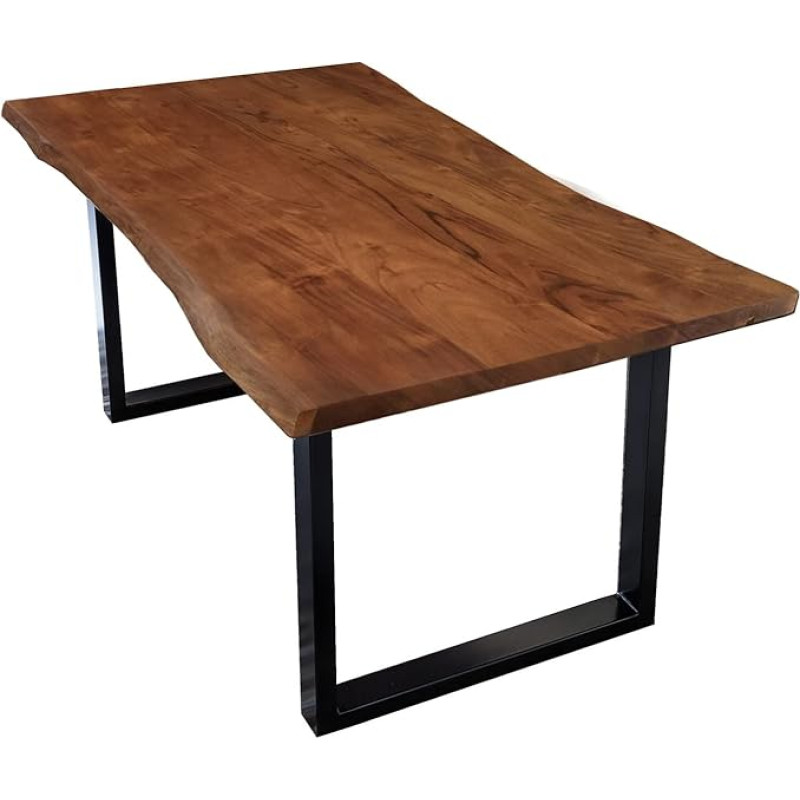 SAM Dining Table Made of Solid Acacia Wood with Waney Edge, Steel Frame, Black / Walnut, 180 x 90 cm