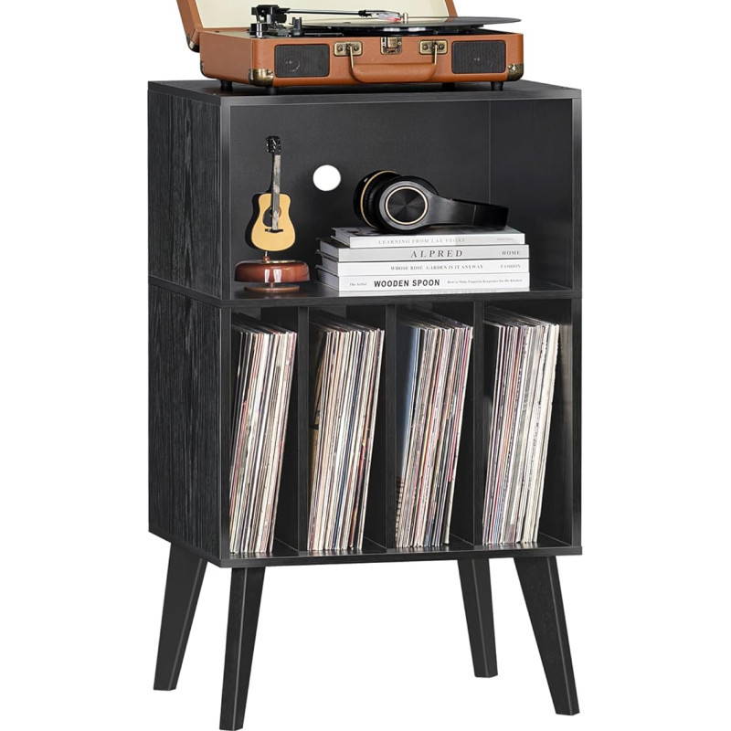 Turntable Stand, Turntable Stand Holds up to 160 Albums, Mid-Century Vinyl Storage Holder Table with Wooden Legs, Turntable Cabinet Shelf, Black, Side Table