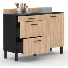 IDMarket - Kitchen Sideboard 120 cm Casserole Height 83 cm 1 Door + 3 Drawers Black and Beech Effect