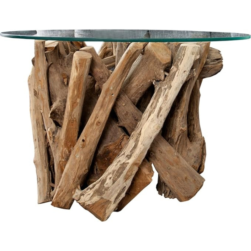 invicta INTERIOR Design Coffee Table Nature Lounge Teak Wood with Round Glass Top Side Table Wooden Table Glass Top