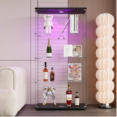 MOTUZP Glass Display Cabinet 4 Layers with LED Glass Display Cabinet with Lock Display Cabinet with Glass Collector Display Case for Living Room (Double Door + Four Shelves + Black + Light)