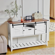 Roomark Entrance Table with Sliding Doors, 116 x 35 x 81 cm, Country House Style Console Table with Storage Shelf, Rustic Sofa Table Behind the Couch for Hallway, Entrance, Living Room, Foyer (Walnut)