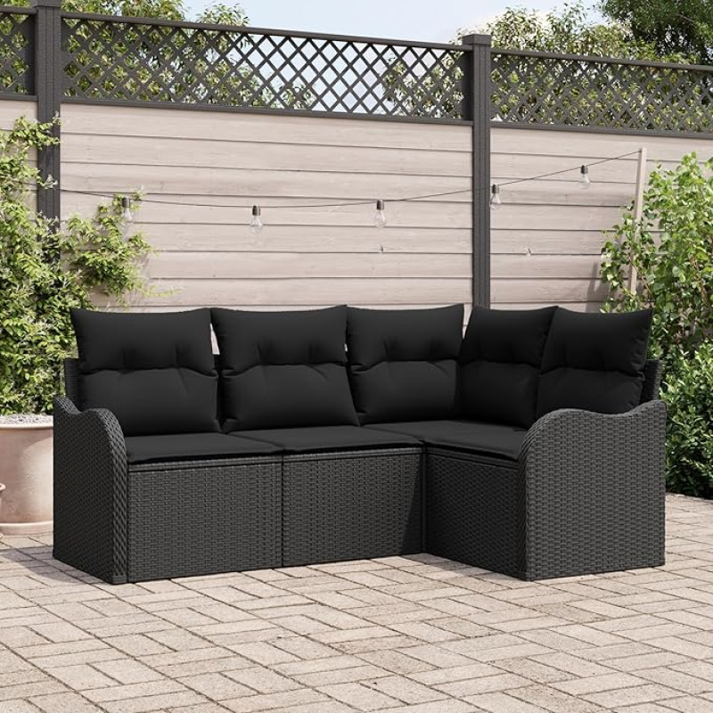 Rantry 4-teilige Garten Sofaset mit Kissen Schwarz Poly Rattan, 2-Sitzer Garten Sofa mit Kissen Schwarz Poly Rattan Gartenlounge Model3345683