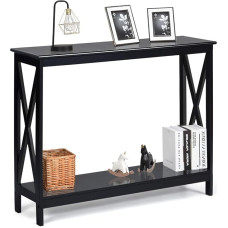 GOPLUS Console Table with 2 Levels, Narrow Hallway Table, Lacquered Side Table, Made of Wood, Sturdy with Side X-Shaped Support Bar, in Country House Style, for Hallway, Corridor, Living Room (Black)