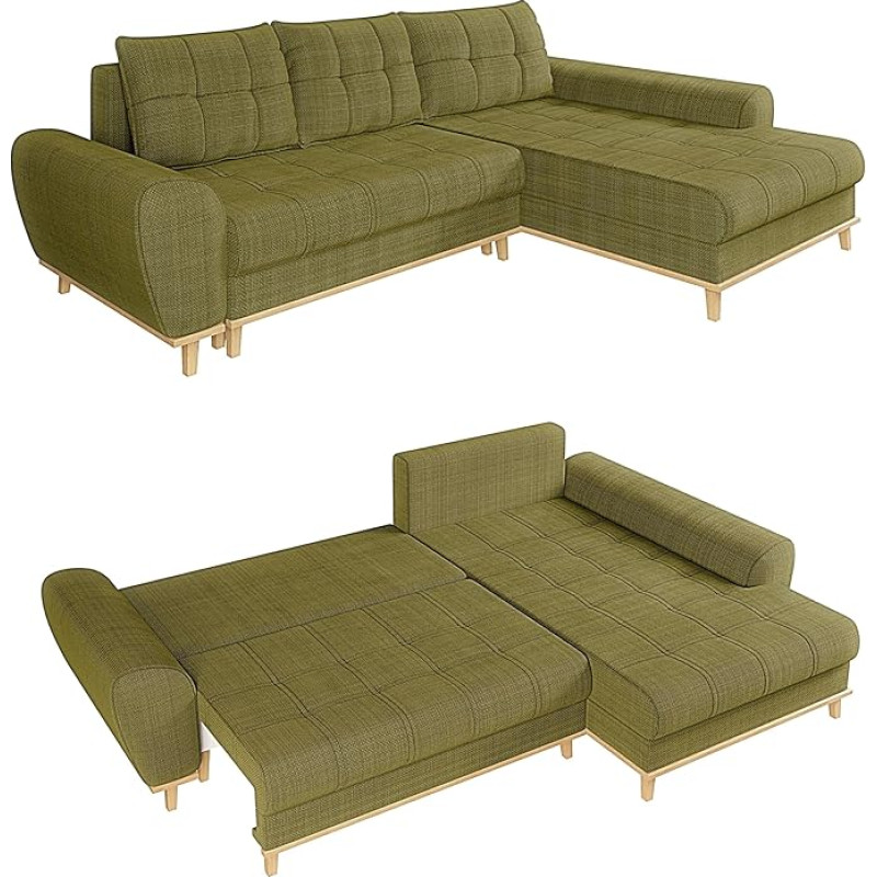 Modern Scandi Style Corner Sofa W 268 x D 175 x H 86 cm with Sleep Function, Storage Box, Ottoman on the Right, Feet and All-Round Bezel Made of Solid Wood with Soft Bouclé Chenille Fabric in Green