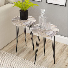 PAK HOME Set of 2 Wooden Side Tables Round Sofa Side Table for Small Spaces Bedside Table Bedside Table with Metal Legs for Bedroom Living Room Office Balcony (Grey Marble)