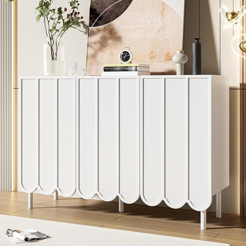 LANTRO JS Cabinets, Sideboard with Wave Doors and Rebound Mechanism, Small Cabinet for Living Room, Hallway and Dining Room, White