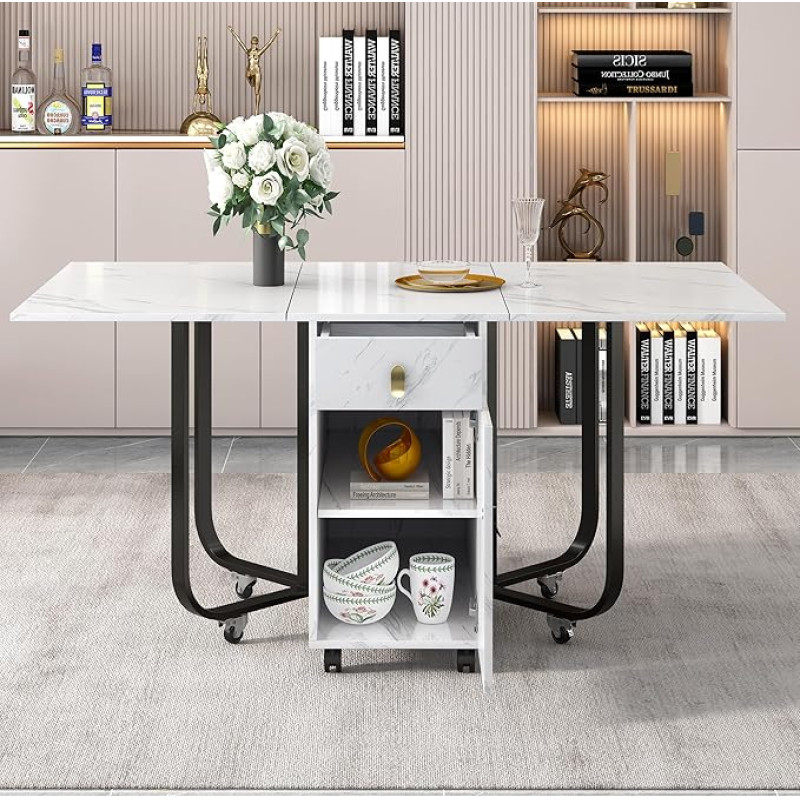 Goeria Folding Dining Table, (1 Piece), with Cabinet and 2 Drawers, Folding Kitchen Table, Versatile Table, Space-Saving Dining Table with 4 Support Legs, with Pulley (White/Golden) (White/Black)