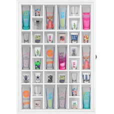 ILOT Shot Glass Display Case Solid Wood - Large Display Case for Collectibles | Man Cave Accessories | UV Protection Acrylic Door | Wall Mounting Black Shadow Box | 36 Split Slots (26 x 18 White)