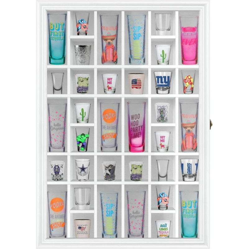 ILOT Shot Glass Display Case Solid Wood - Large Display Case for Collectibles | Man Cave Accessories | UV Protection Acrylic Door | Wall Mounting Black Shadow Box | 36 Split Slots (26 x 18 White)