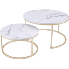 Huuryoudo Couch Table, Coffee Table, Set of 2, Round Table, Living Room, Round with Metal Frame, Side Table, White, Modern Nesting Tables for Living Room, White Gold Marble Look