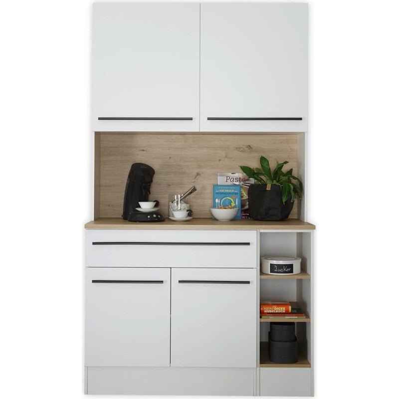 FINN Buffet Cabinet in Matt White, Artisan Oak Look, Spacious Kitchen Cabinet with Worktop, 120 x 211 x 58 cm (W x H x D)