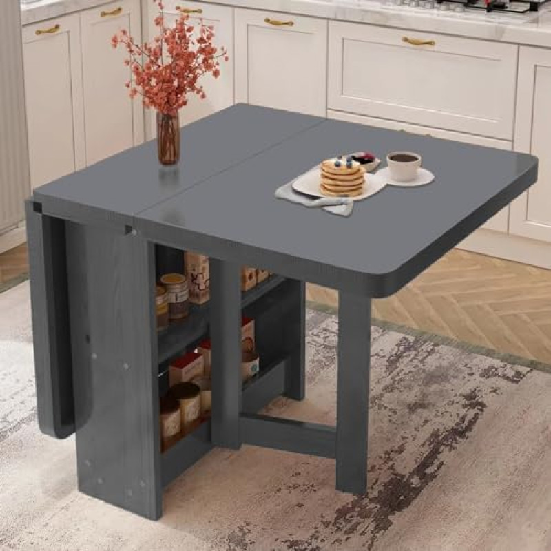 Solid Wood Foldable Kitchen Table with Double Layer Storage Collapsible Design for Dining & Office Heavy-Duty Support up to 400KG Space-Saving & Versatile Furniture